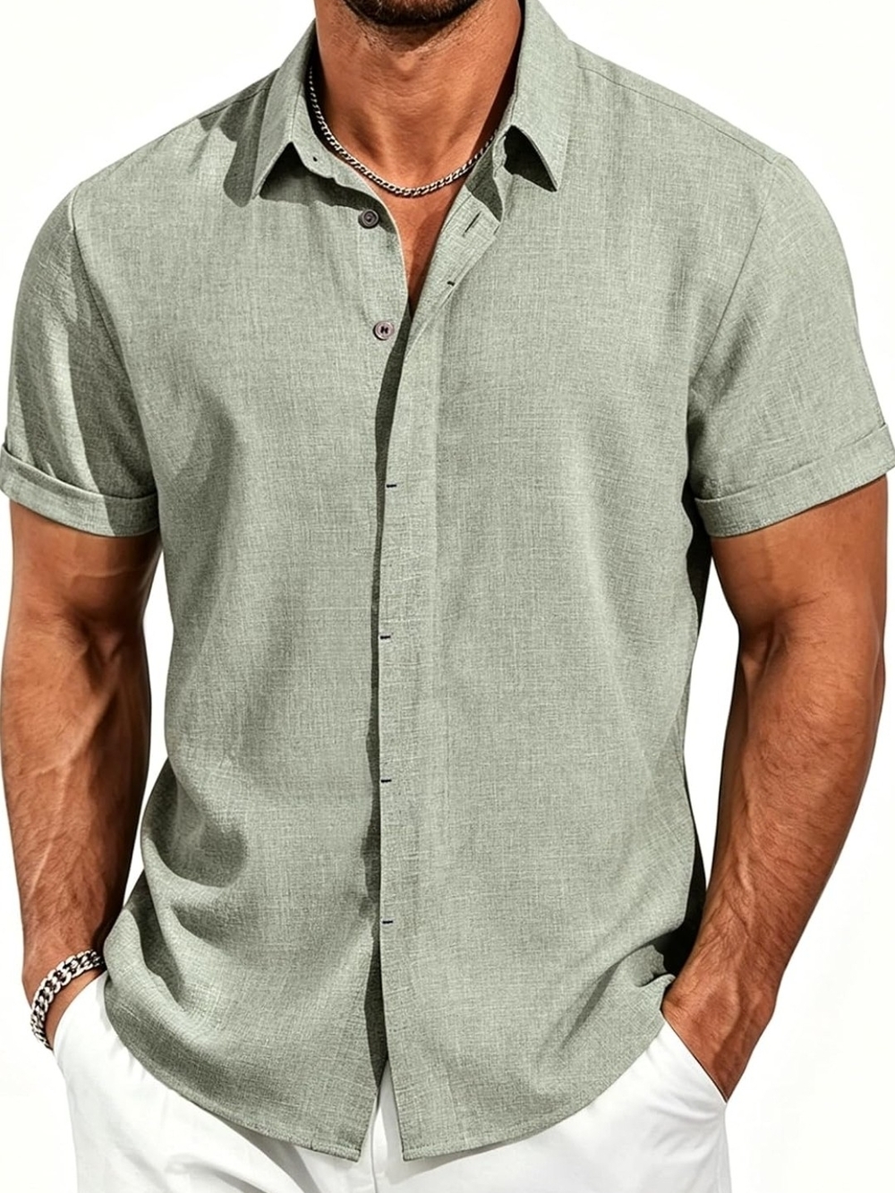 Men's Short-Sleeve Linen-Blend Shirt - Sage Green
